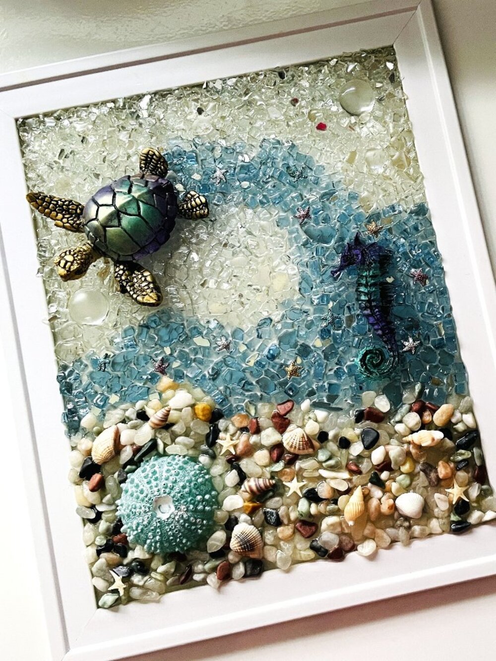 Handmade Textured Glass Art & Stand, Sea Marine Life Framed Relief Picture
